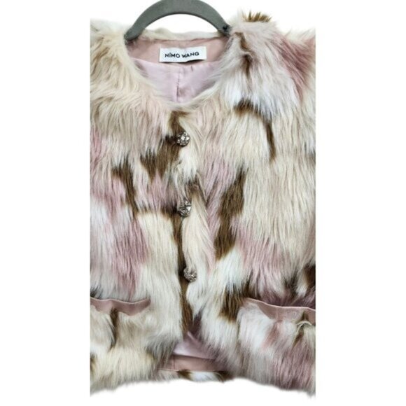 NIMO WANG Faux Fur Jacket Multicolor Pink Brown White |Boho Statement Outerwear - Picture 4 of 13